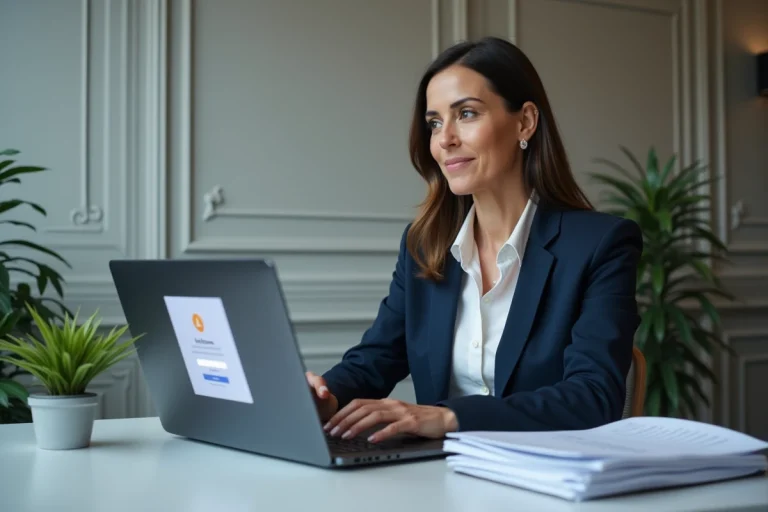 Agente municipale parisienne accédant à l'espace IntraParis sur son ordinateur portable dans un bureau administratif moderne