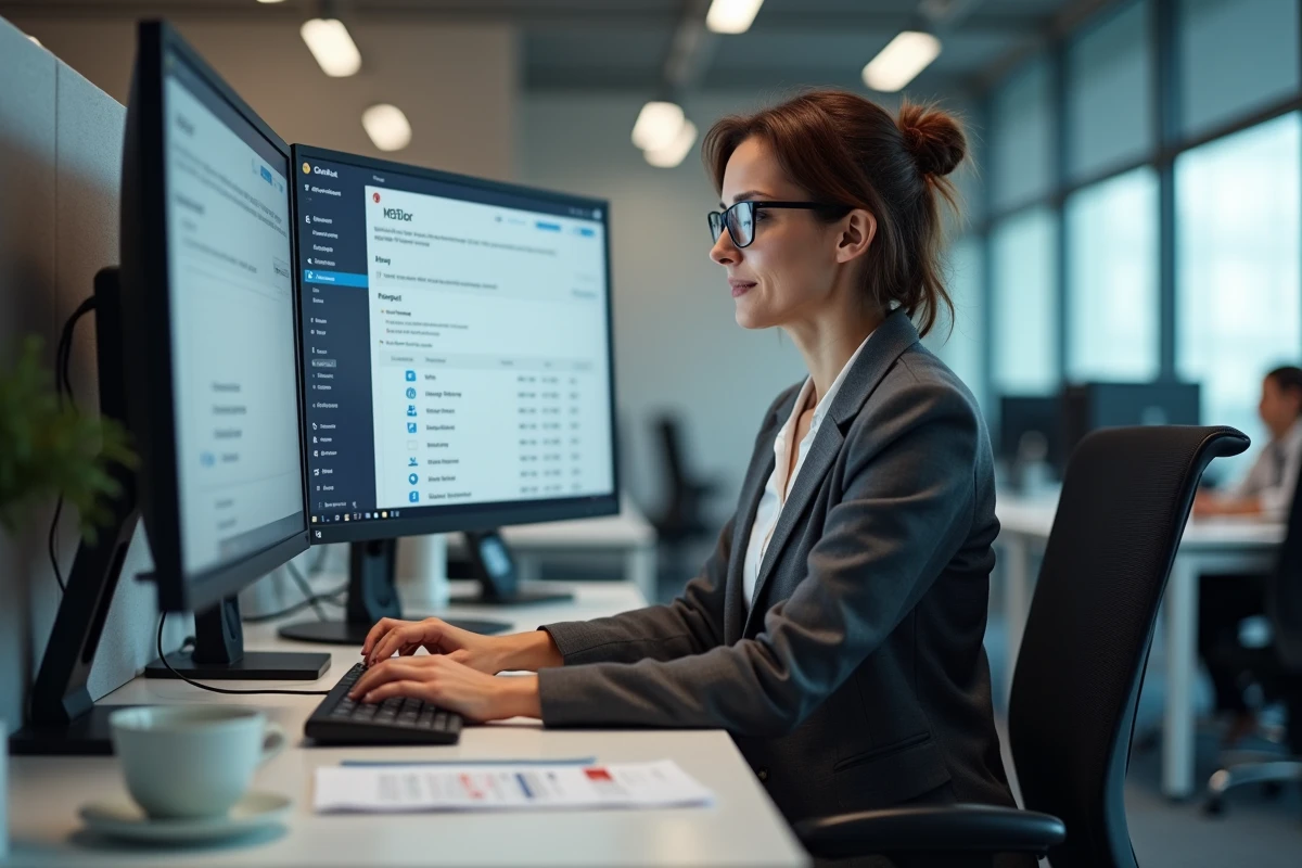 Femme professionnelle accédant à la messagerie EDF sur Outlook dans un bureau d'entreprise