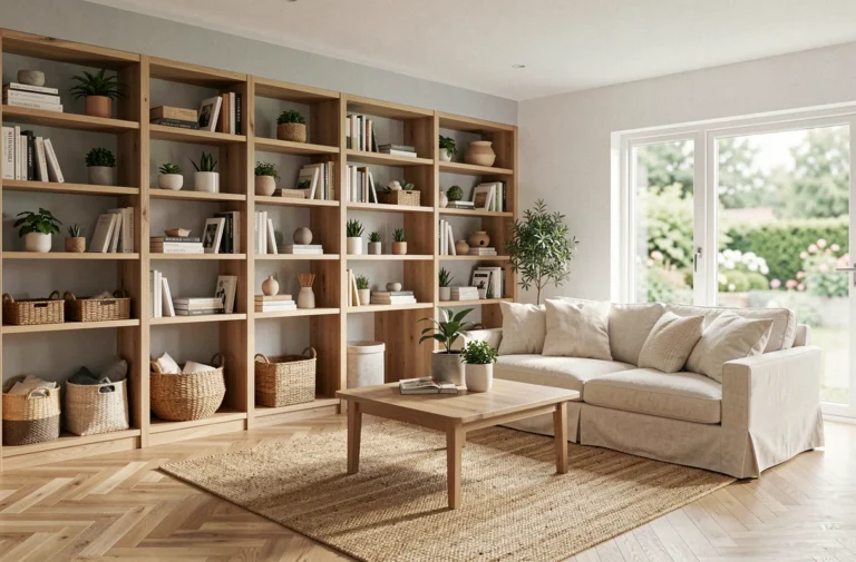 Salon moderne bien organisé avec rangements intégrés en bois, canapé en lin crème et sol en parquet chêne, illustrant des idées d'aménagement optimisé pour gagner en confort