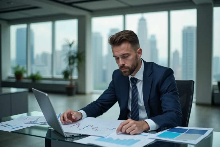 Analyste financier en costume marine étudiant des graphiques boursiers dans un bureau moderne avec vue sur la ville