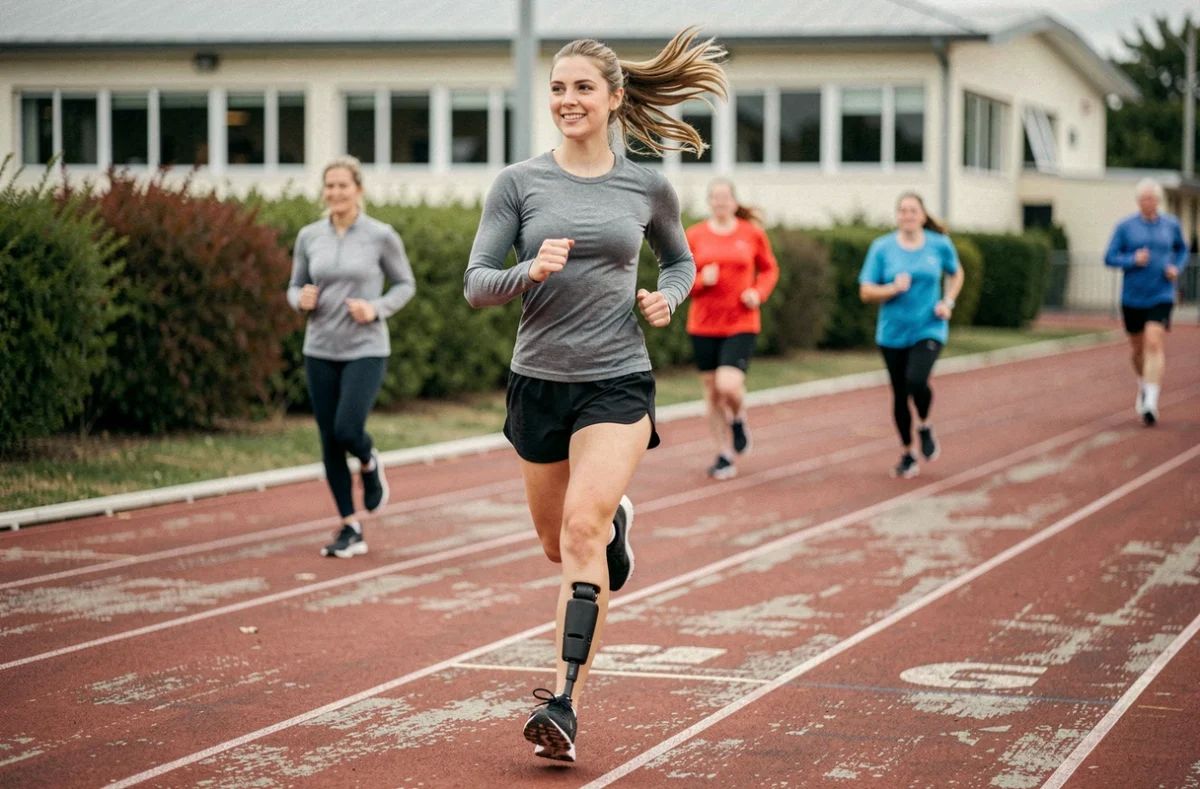 Femme athlète avec prothèse de jambe courant sur une piste d'athlétisme publique, symbole du sport inclusif et du dépassement de soi