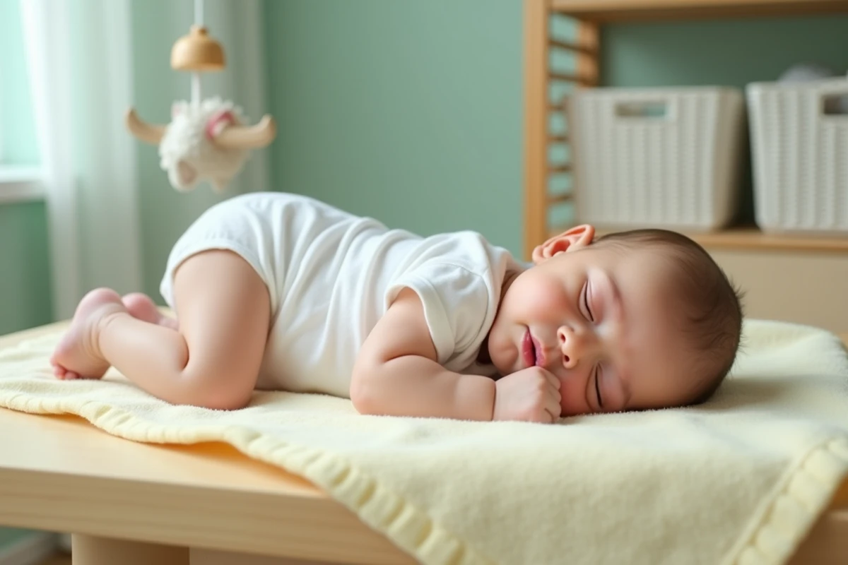 Bébé endormi sur la table à langer après le bain, vêtu d'un body blanc dans une chambre de bébé apaisante
