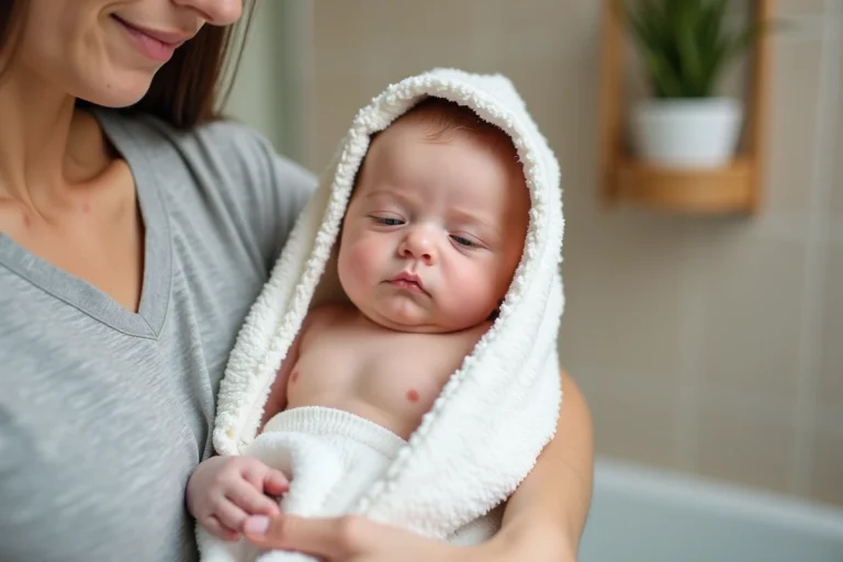Bébé fatigué enveloppé dans une serviette après le bain, tenu dans les bras de sa mère dans une salle de bain cosy