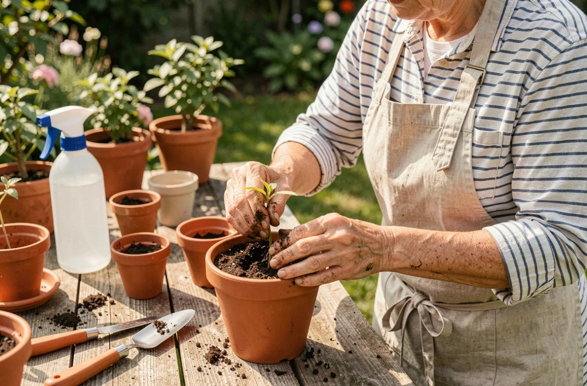 Femme effectuant une bouture de gaura dans un pot en terre cuite sur un établi de jardin en bois