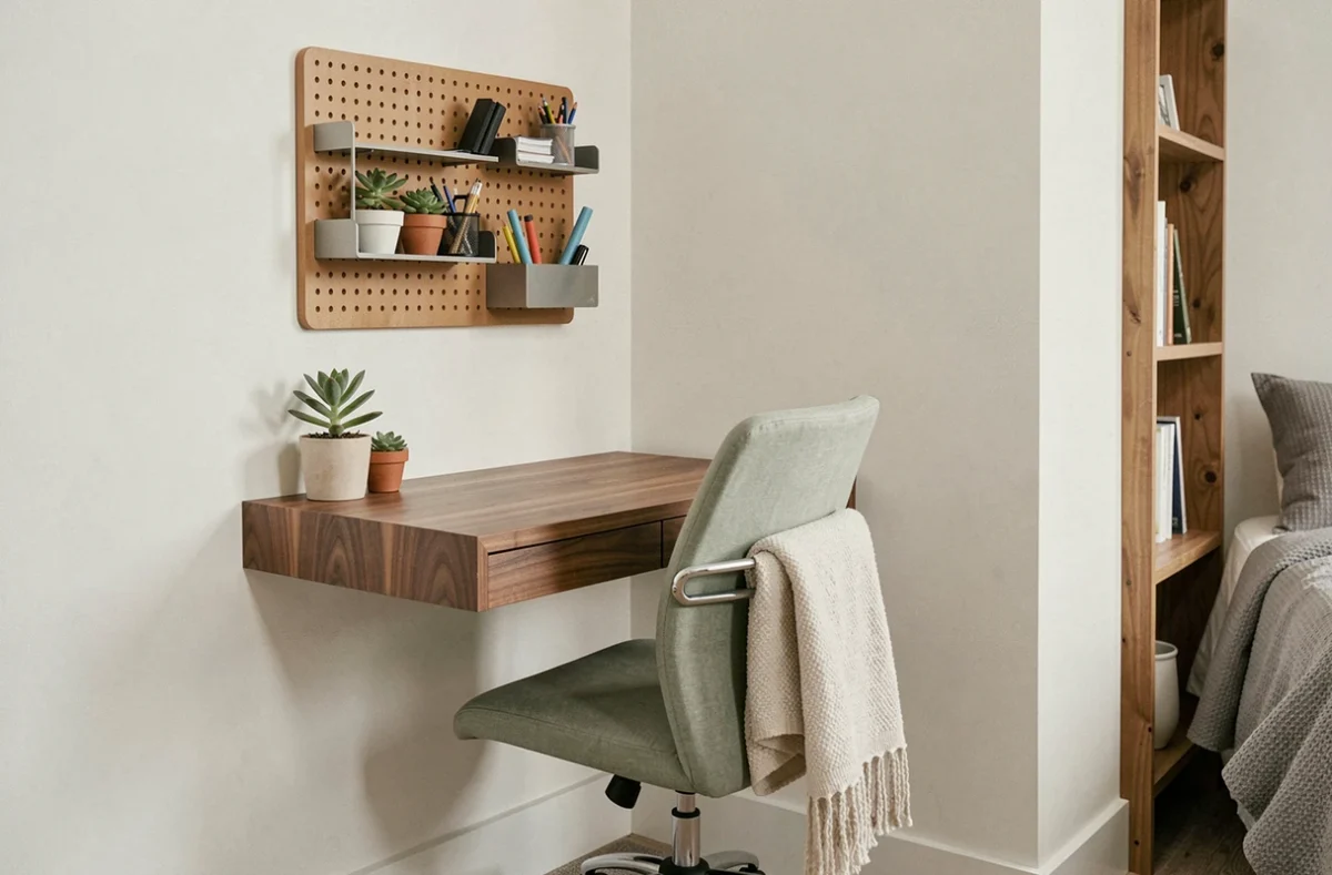 Coin bureau compact aménagé dans une chambre avec bureau flottant en noyer, chaise ergonomique verte et organisateur mural, idée pratique pour optimiser un petit espace à la maison