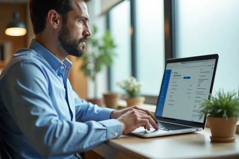 Homme configurant la messagerie EDF sur Microsoft Outlook depuis un bureau à domicile