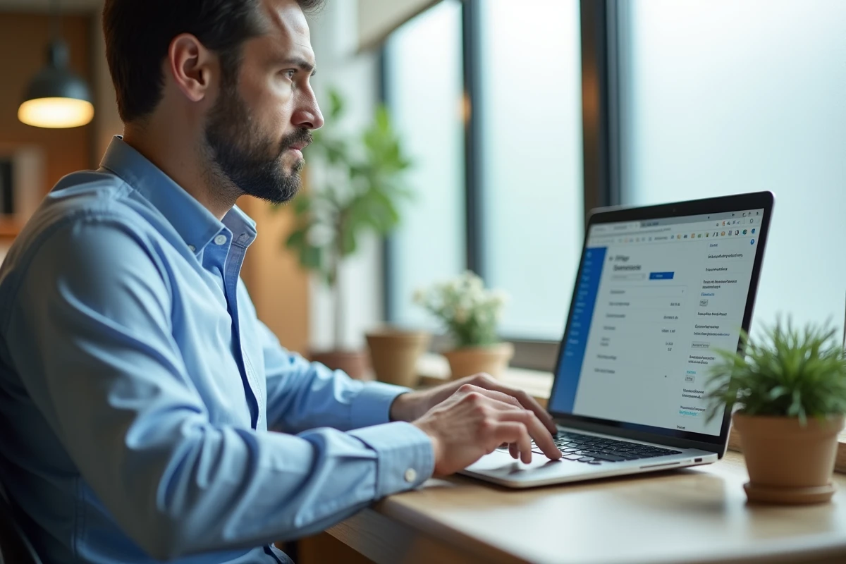 Homme configurant la messagerie EDF sur Microsoft Outlook depuis un bureau à domicile