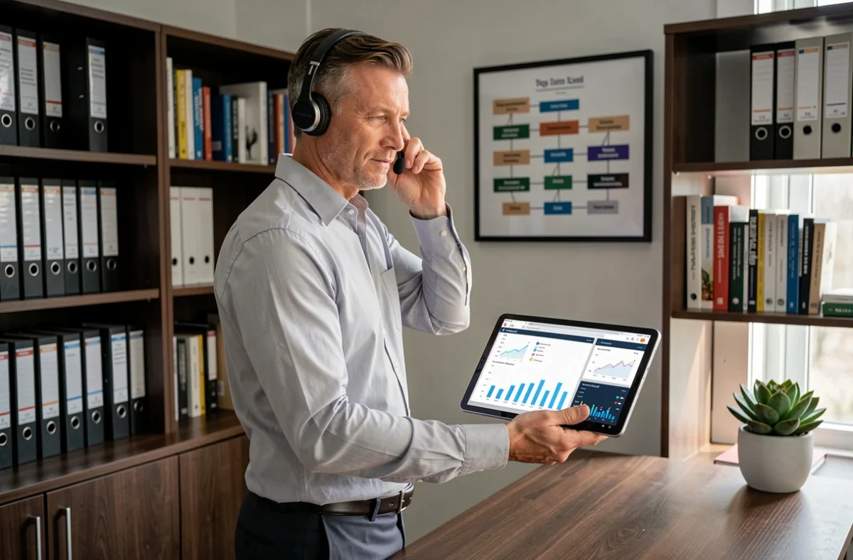 Consultant en gestion d'entreprise utilisant une tablette avec des tableaux de bord analytiques dans un bureau professionnel