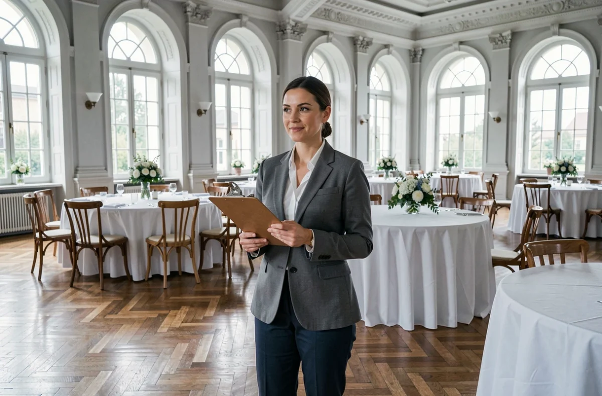 Coordinatrice de mariage professionnelle supervisant la décoration d'une salle de réception élégante avec tables et fleurs