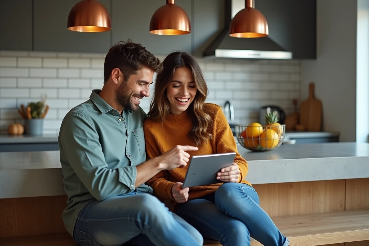 Couple choisissant un film à regarder en streaming sur une tablette dans leur cuisine moderne