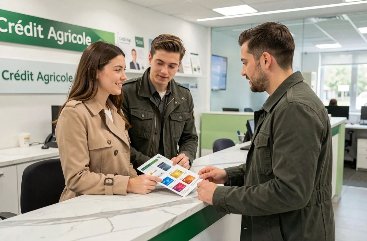 Couple discutant du choix d'une carte bancaire Crédit Agricole avec un conseiller en agence