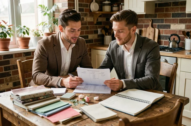 Couple de futurs mariés planifiant leur mariage ensemble autour d'une table en bois avec des échantillons de tissu et une liste de tâches