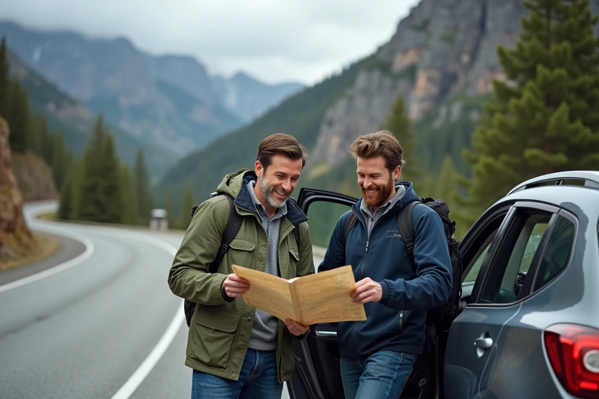 Couple de voyageurs consultant une carte routière au bord d'une route de montagne à côté de leur voiture de location