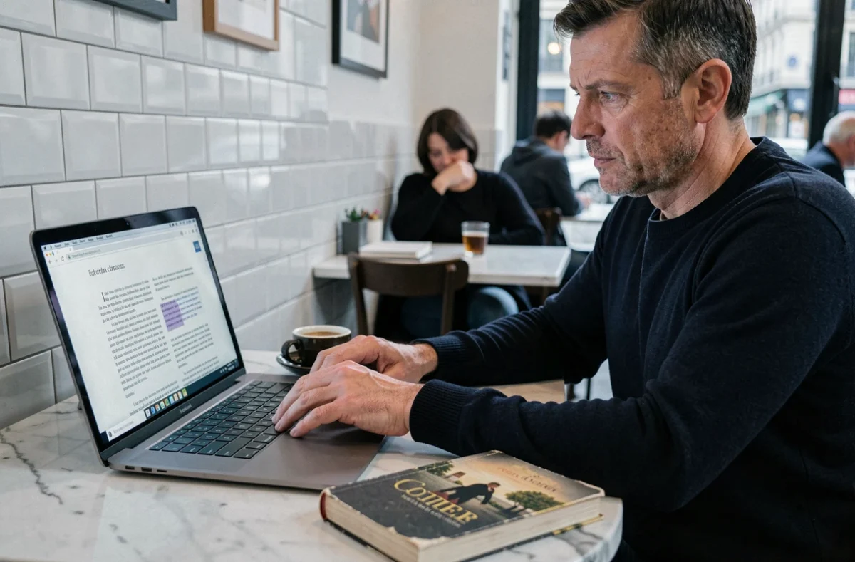 Homme écrivant un texte narratif sur un ordinateur portable dans un café parisien avec un livre ouvert