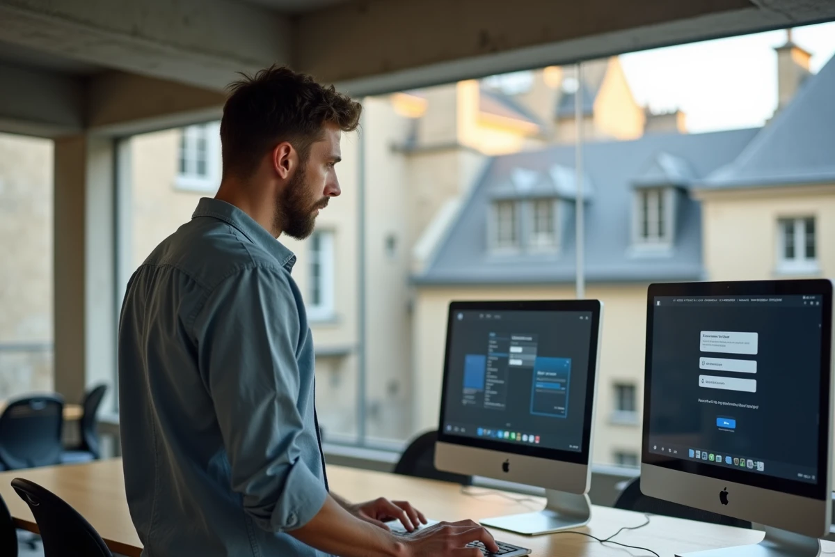 Employé municipal parisien consultant le portail IntraParis sur un ordinateur de bureau dans un espace de travail collaboratif