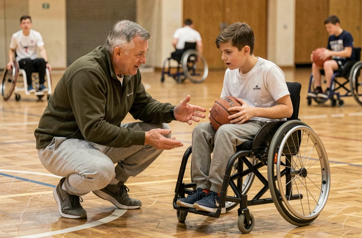 Entraîneur bienveillant accompagnant un jeune joueur en fauteuil roulant lors d'une séance de basket-ball handisport en salle, illustrant l'entraide et l'inclusion par le sport