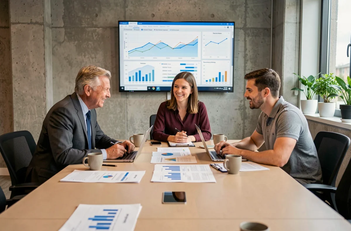 Équipe de professionnels en réunion de stratégie autour d'une table de conférence pour optimiser la gestion d'entreprise