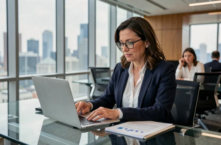 Femme d'affaires professionnelle analysant des documents de gestion d'entreprise dans un bureau moderne
