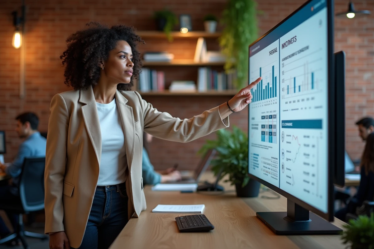 Femme professionnelle présentant des infographies sur les tendances économiques dans un espace de co-working contemporain