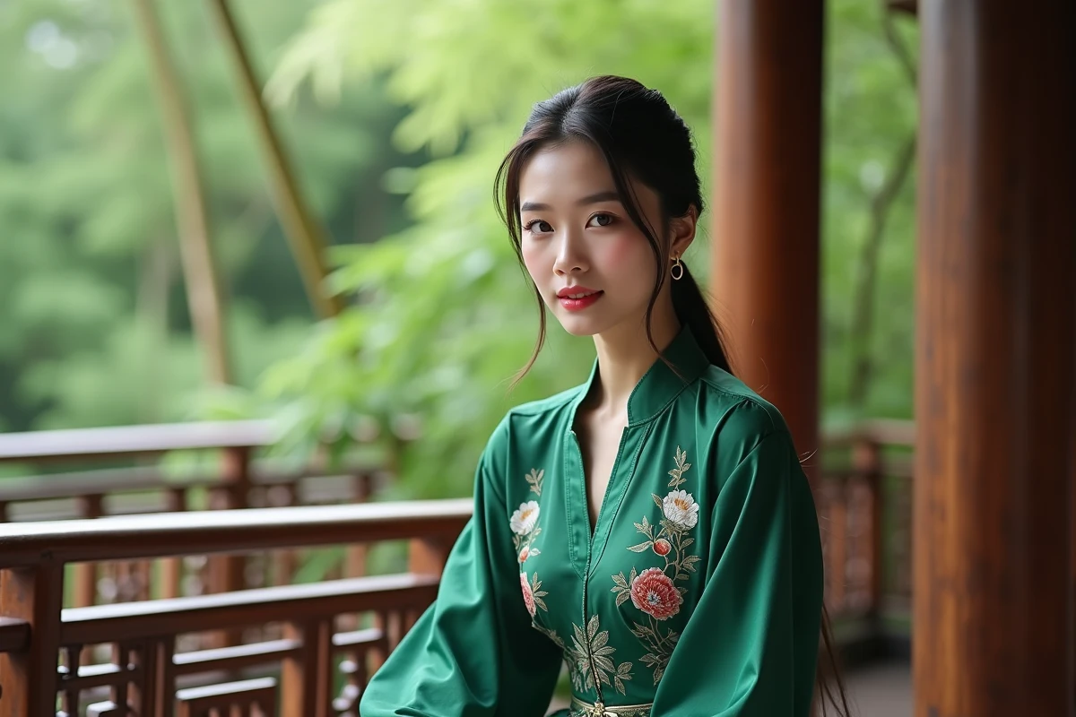 Femme d'Asie du Sud-Est en blouse de soie brodée assise dans un salon de thé traditionnel illustrant la beauté et l'élégance asiatique