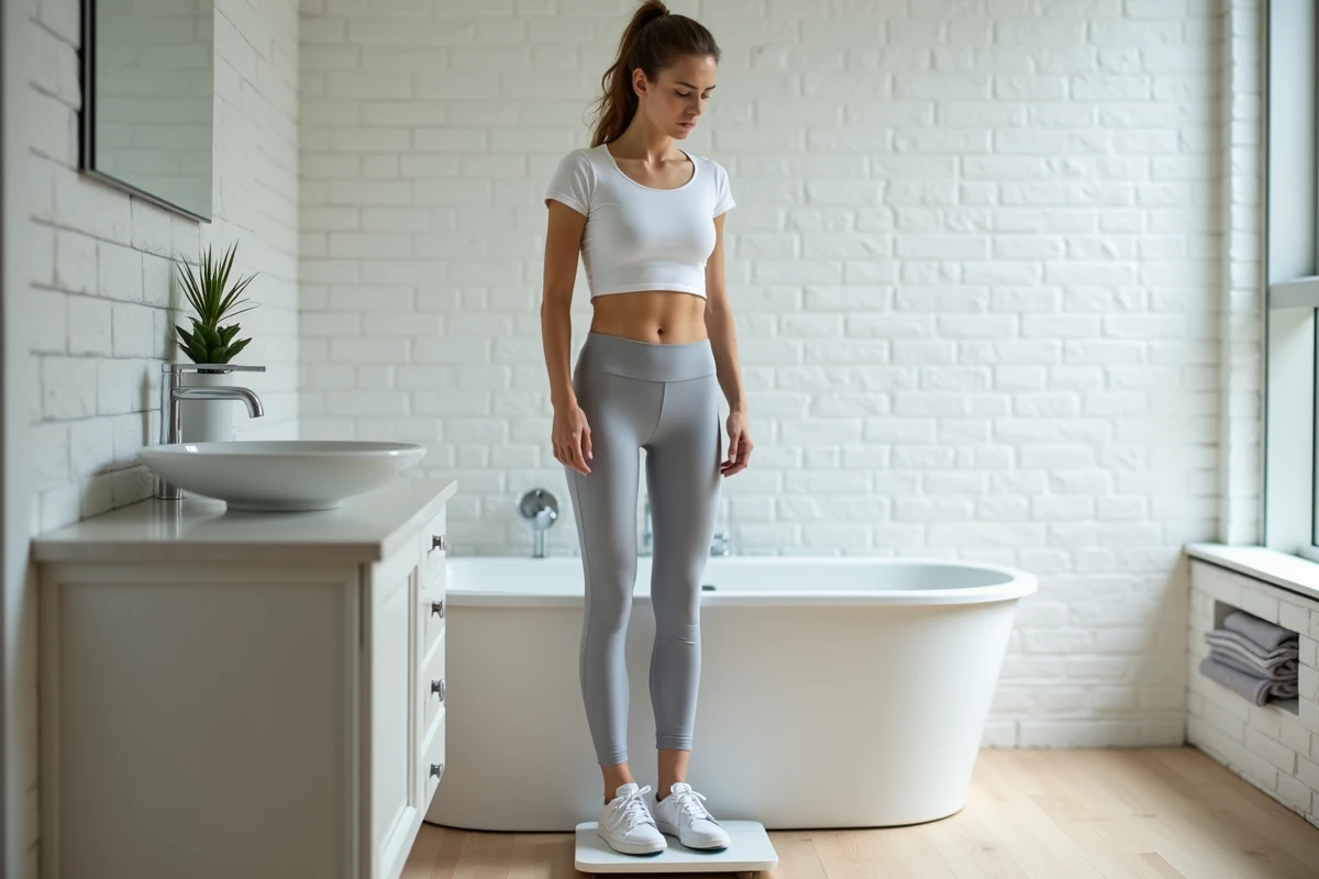 Jeune femme sur une balance dans sa salle de bain, préoccupée par une variation de poids liée à un traitement médicamenteux anxiolytique