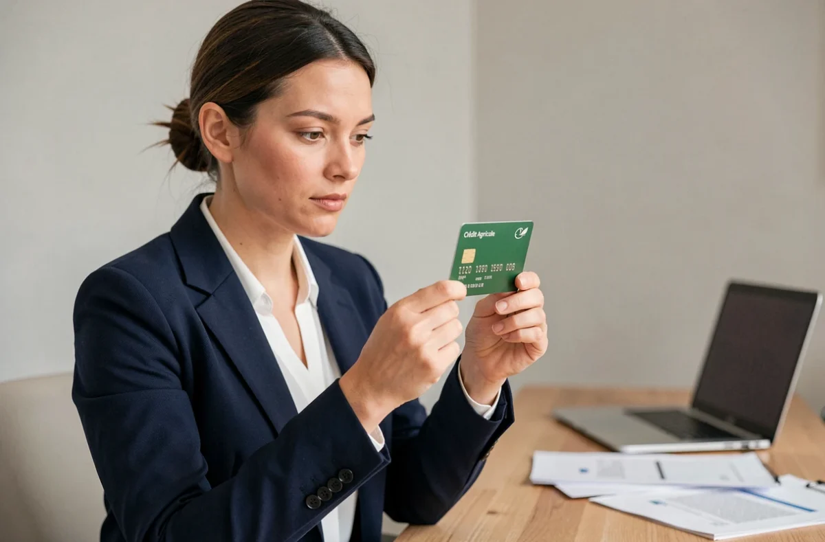 Femme tenant une carte bancaire Crédit Agricole dans un bureau à domicile moderne, comparant ses options de carte