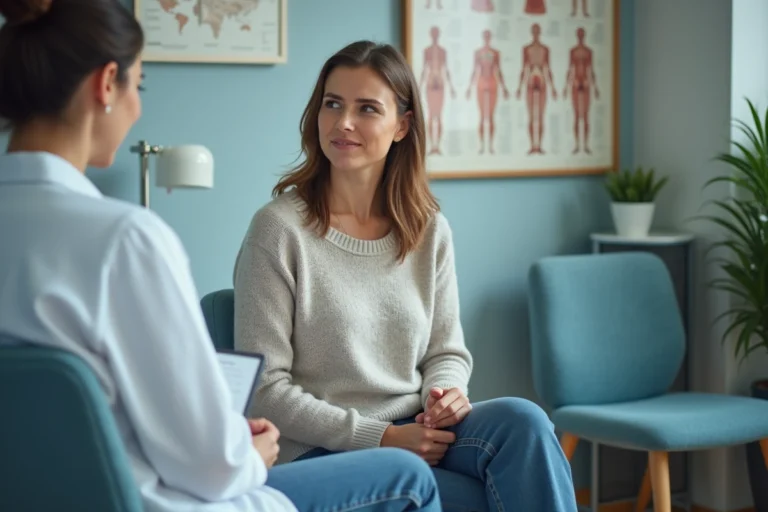 Femme en consultation médicale avec un professionnel de santé