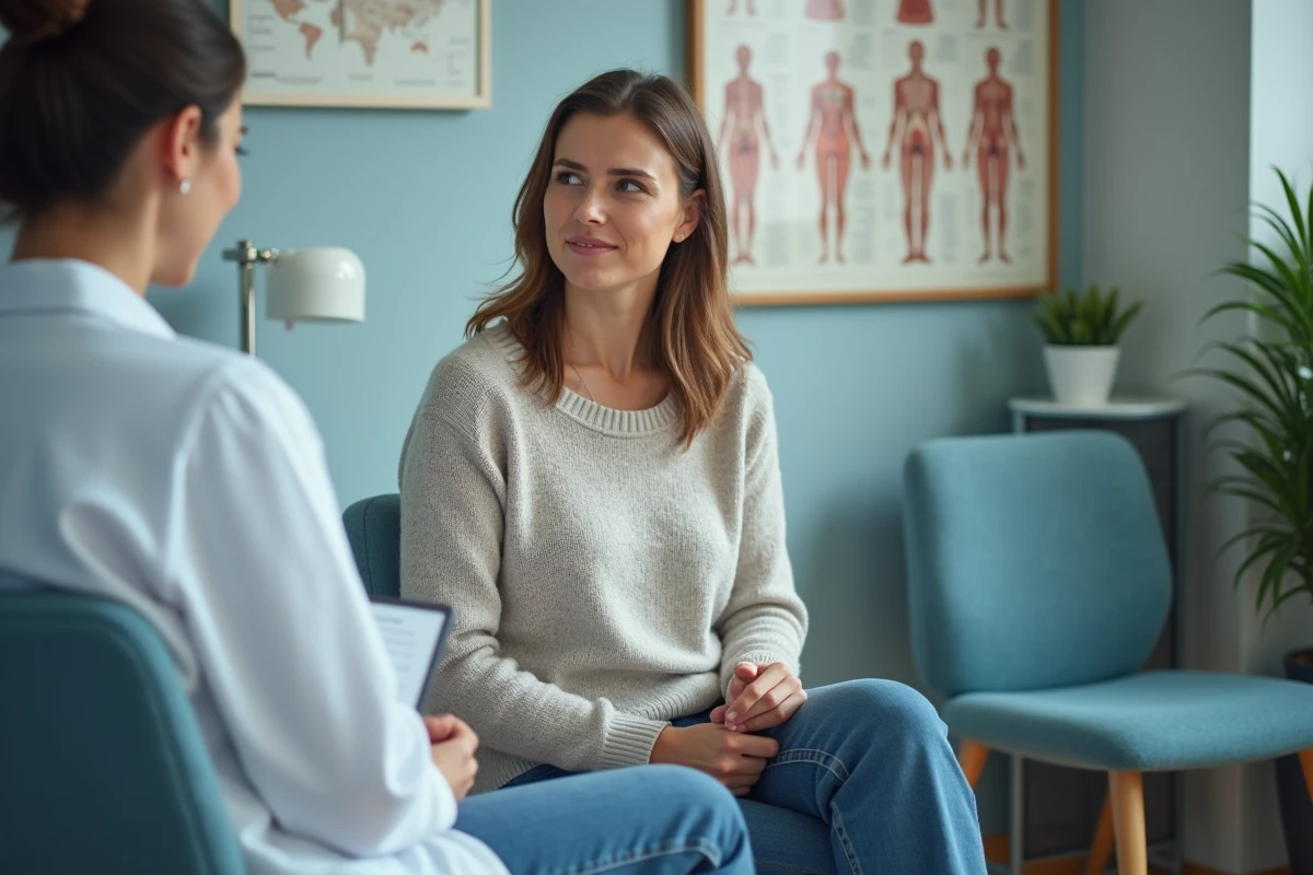 Femme en consultation médicale avec un professionnel de santé