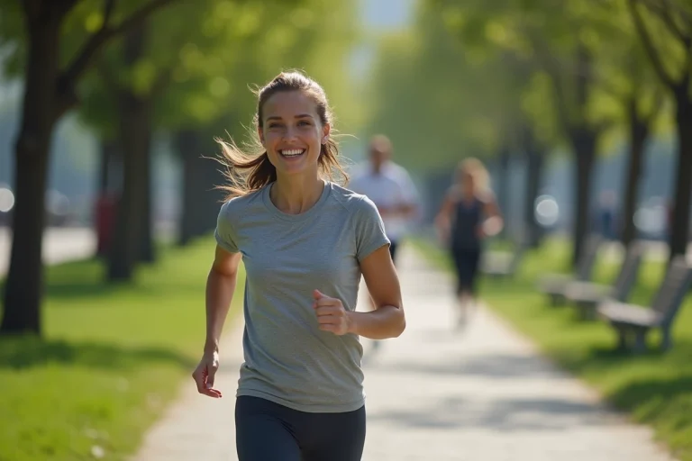Femme souriante en jogging dans un parc urbain ensoleille