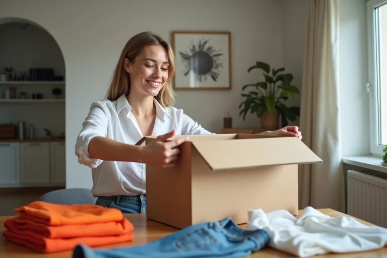 Femme souriante plie des vêtements de créateur dans une box