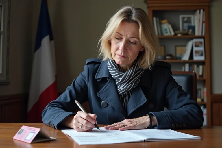 Femme française remplissant des papiers avec permis de conduire