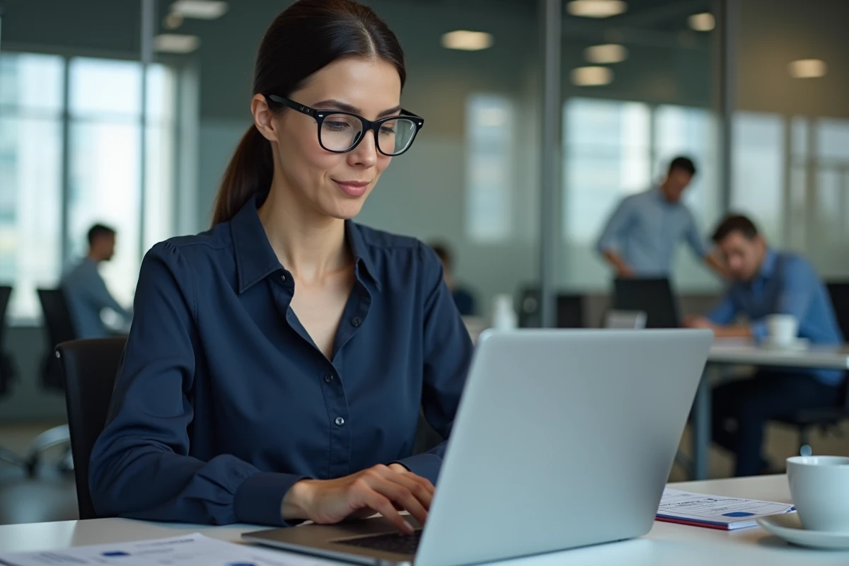 Femme d'affaires gérant la caisse de son entreprise via un logiciel de gestion digitale sur ordinateur portable dans un bureau moderne