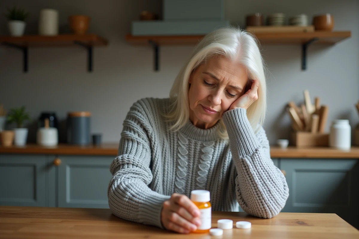 Femme d'âge moyen tenant un flacon de médicaments Stresam à la maison, réfléchissant aux effets secondaires possibles sur le poids