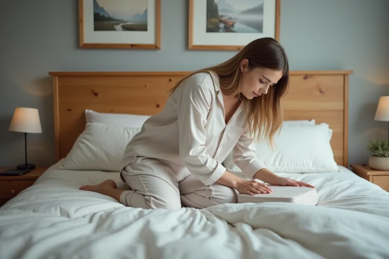 Femme en pyjama posant un oreiller entre ses genoux