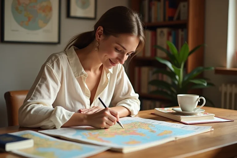 Femme planifiant un voyage avec une carte et un carnet de voyage posés sur une table en bois, entourée de documents et d'un passeport