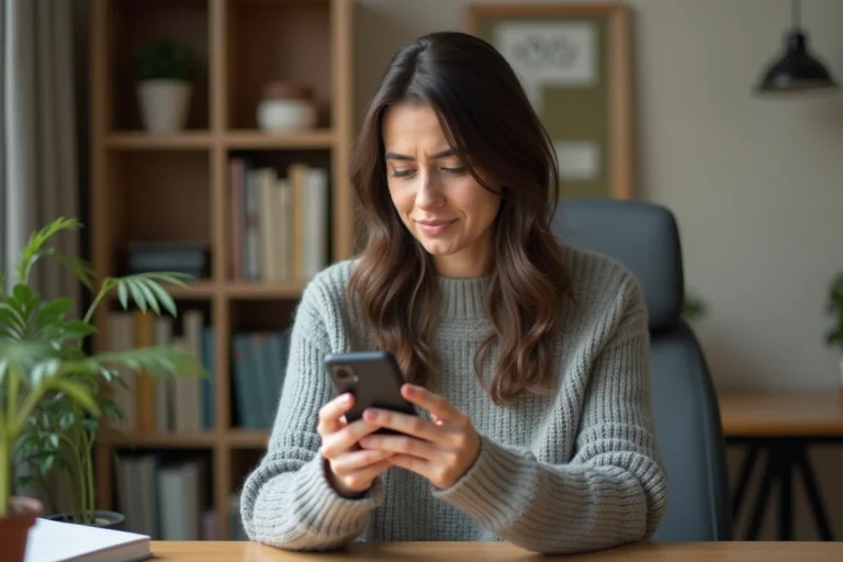 Femme consultant un numéro de téléphone inconnu sur son smartphone depuis son bureau à domicile