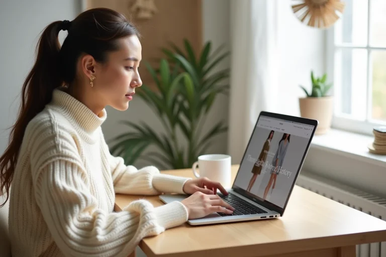 Jeune femme consultant l'histoire et la signification du nom Zalando sur un ordinateur portable dans un bureau minimaliste