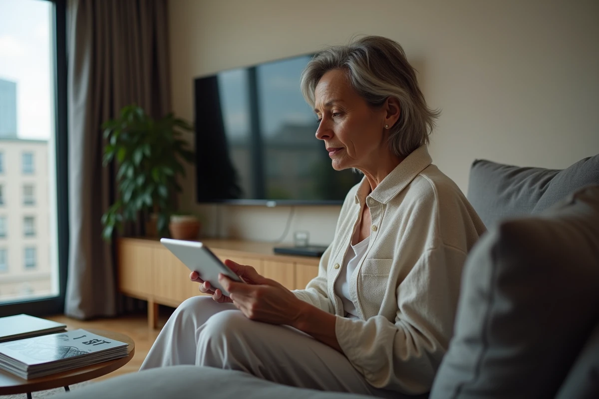 Femme détendue sur un canapé avec une tablette en main