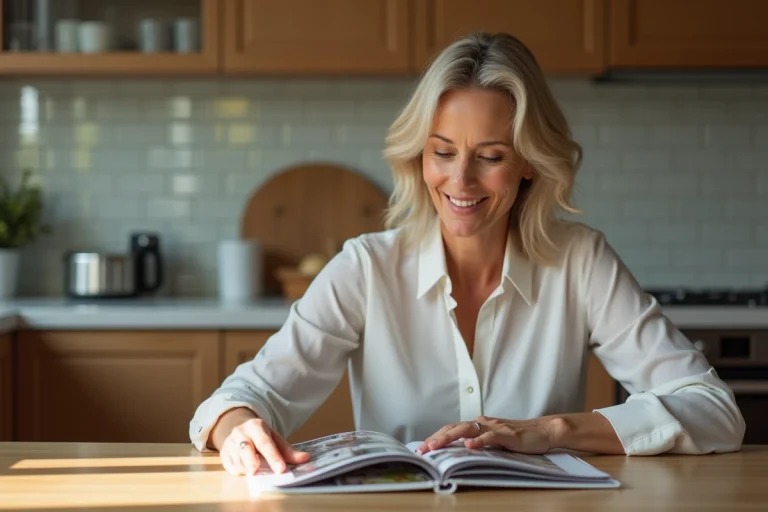 Femme souriante regardant un album photo en cuisine