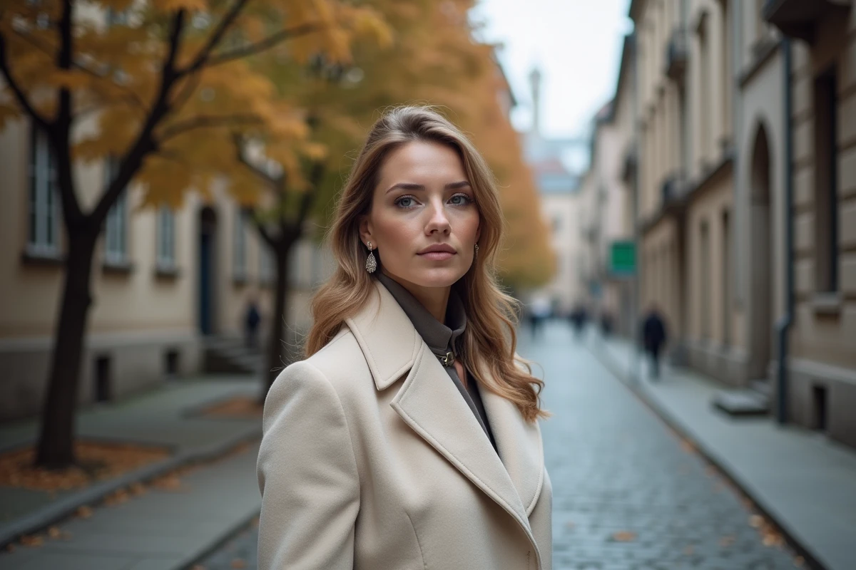 Femme scandinave élégante en manteau crème dans une avenue européenne historique illustrant la diversité de la beauté mondiale