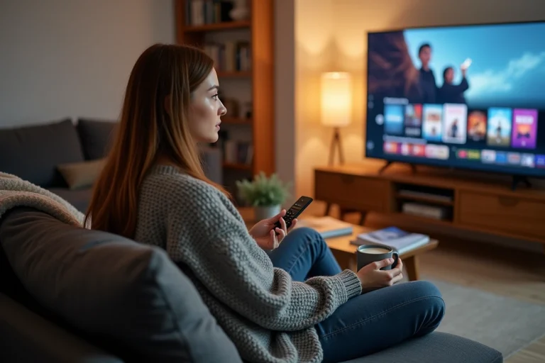 Jeune femme regardant un film en streaming sur sa télévision depuis son canapé à la maison
