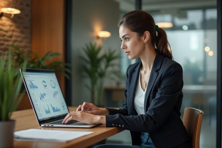 Femme en blazer analysant des données sur son ordinateur