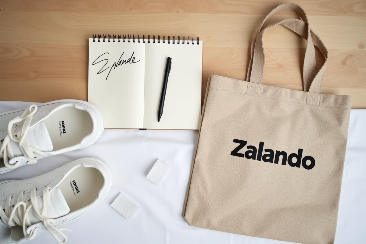 Flat lay lifestyle avec sac Zalando, carnet et sneakers illustrant l'univers de la marque et l'origine de son nom