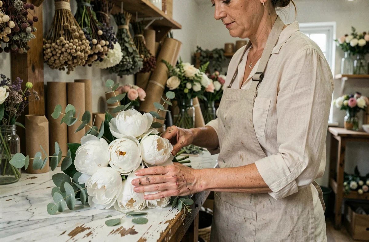 Fleuriste arrangeant un bouquet de mariée en pivoines blanches sur un comptoir en marbre dans une boutique artisanale