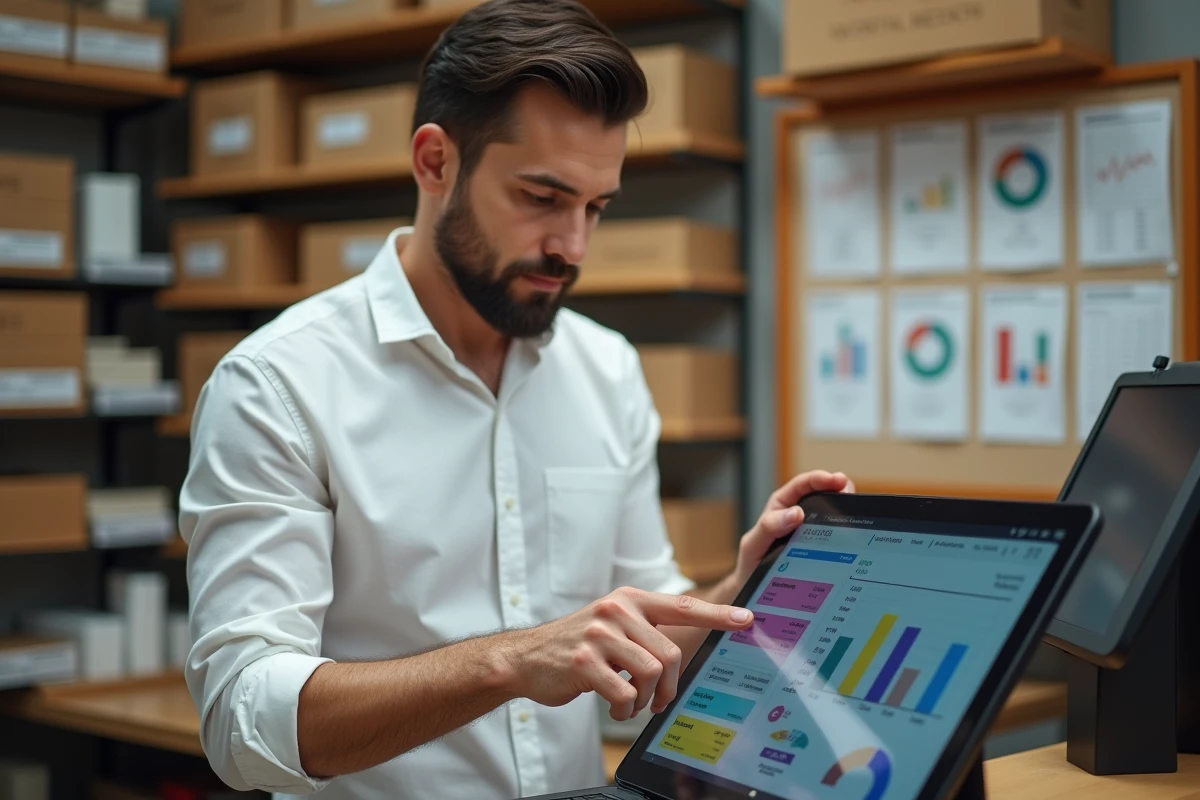 Gérant de commerce utilisant une solution digitale de gestion de caisse sur tablette dans l'arrière-boutique d'un magasin