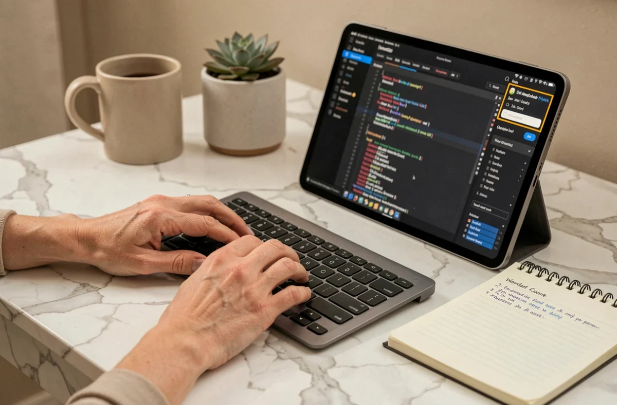 Gros plan sur les mains d'une rédactrice utilisant un éditeur web avec compteur de caractères sur tablette