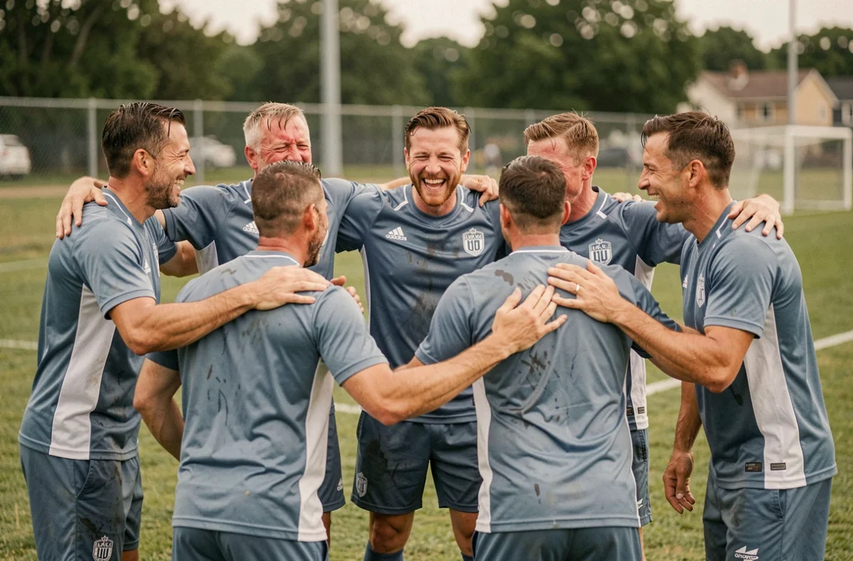 Groupe diversifié d'adultes en tenue sportive formant un cercle solidaire sur un terrain de football, illustrant le sport comme vecteur d'inclusion sociale