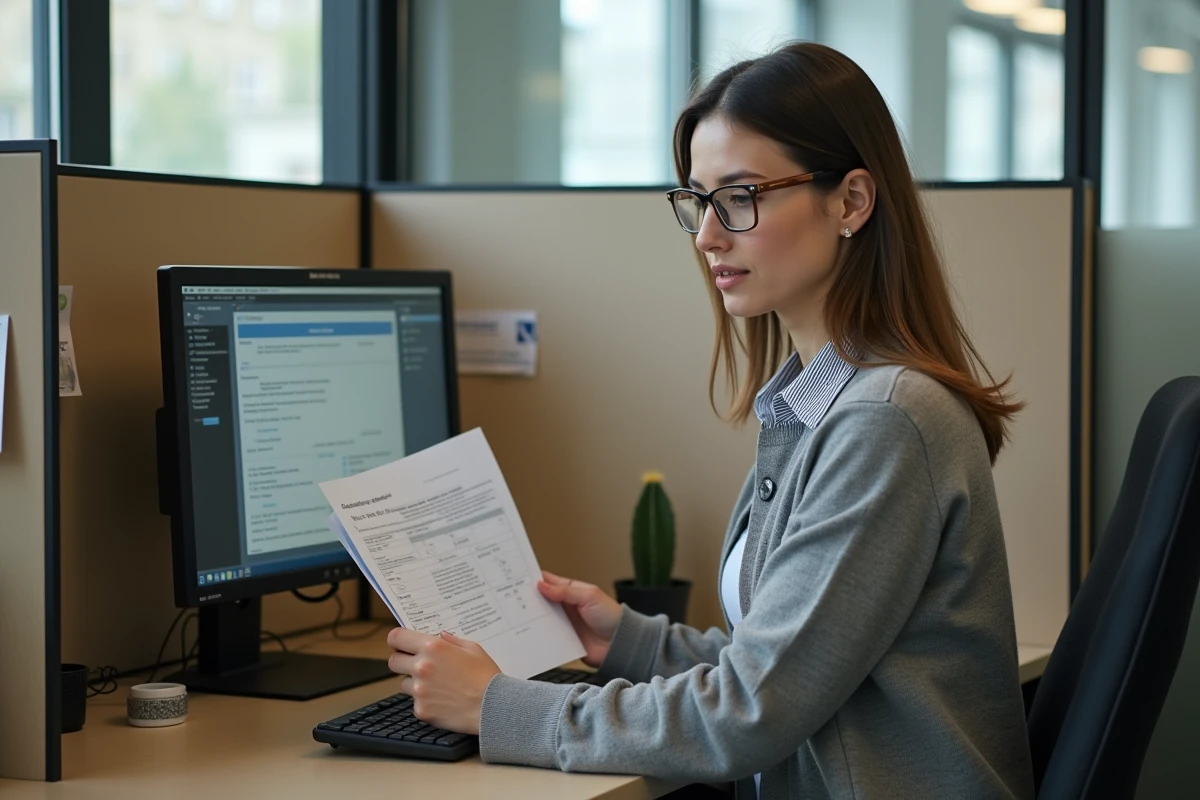Agente de la Ville de Paris consultant un guide pratique pour naviguer sur l'espace agent IntraParis depuis son poste de travail