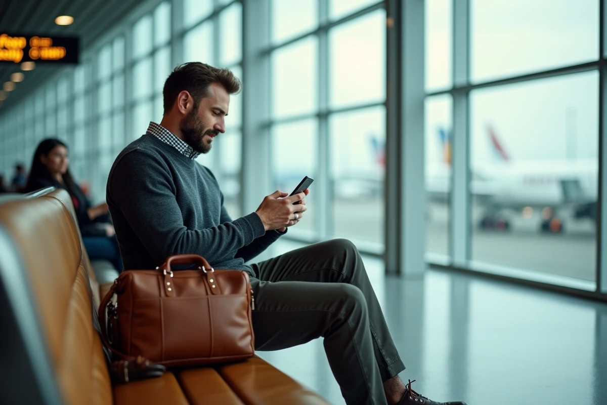 Homme assis dans un terminal d'aéroport international consultant une application de voyage sur son smartphone avant son départ