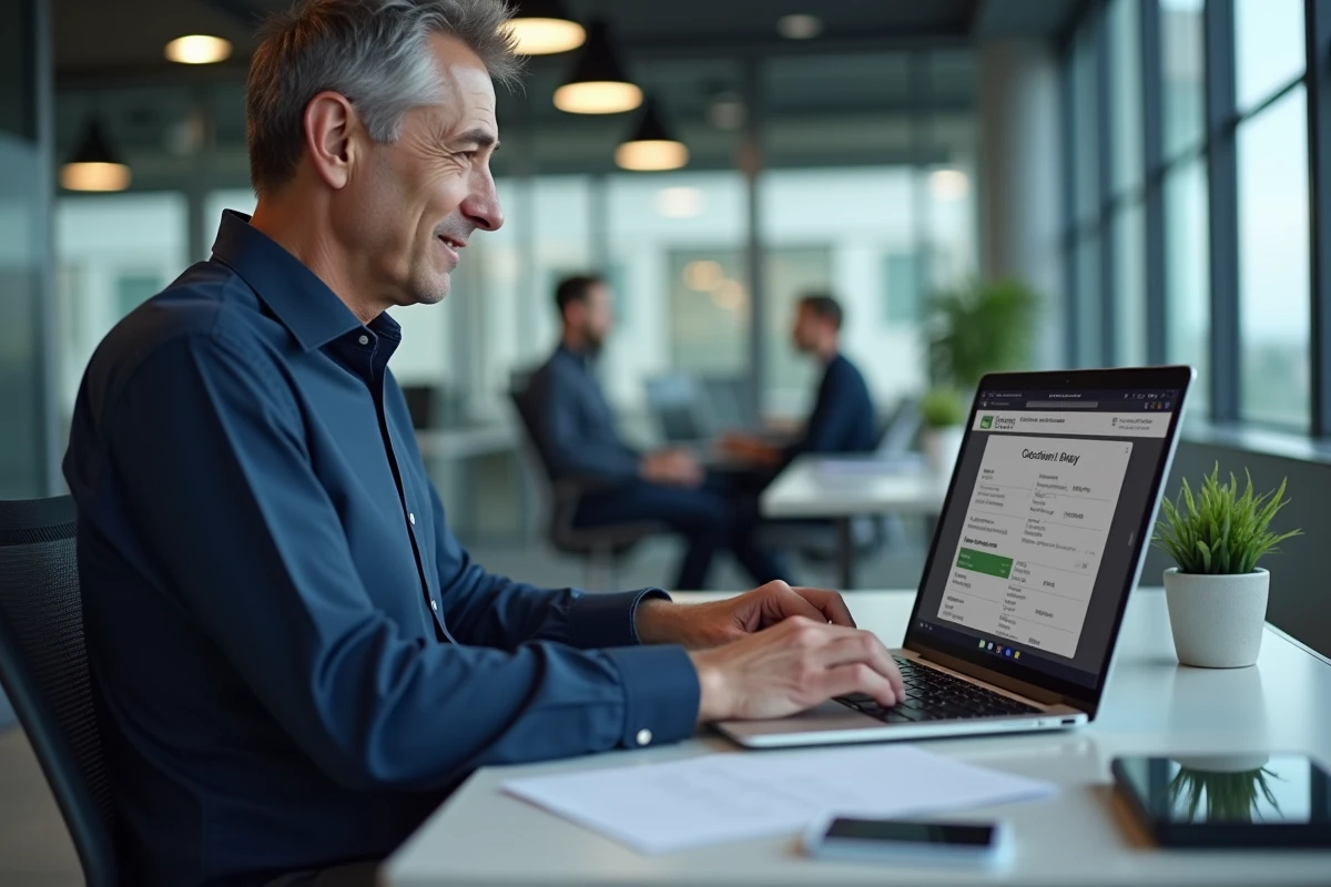 Homme utilisant un annuaire inversé en ligne sur son ordinateur portable au bureau